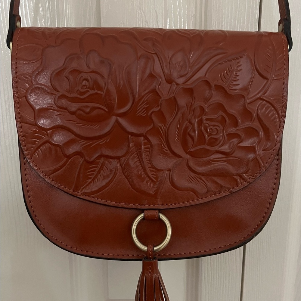 Patricia Nash Brinlee Tooled Leather Saddle Crossbody Tan - Pre-owned